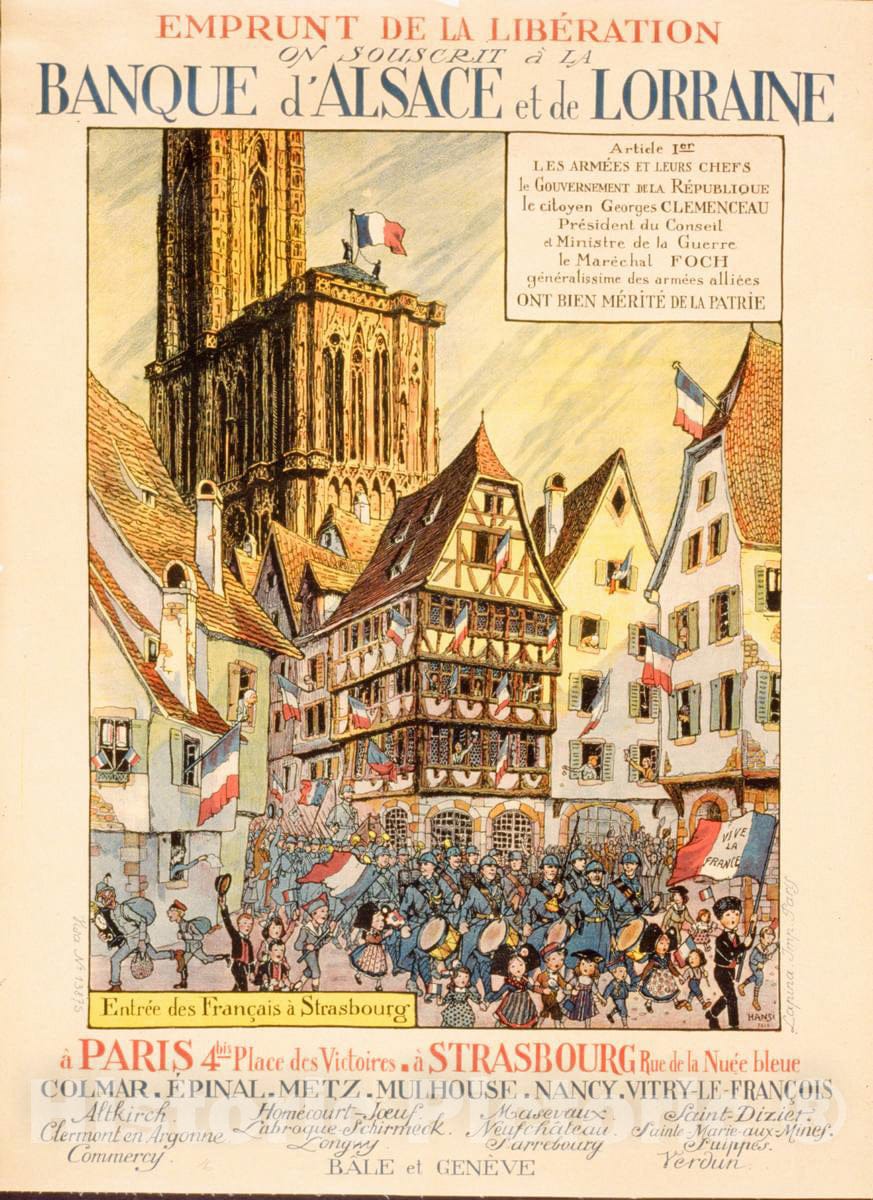 Vintage Poster -  Emprunt de la LibÃ©ration. On souscrit Ã¡ la Banque d'Alsace et de Lorraine. EntrÃ©e des FranÃ§ais Ã¡ Strasbourg, Historic Wall Art