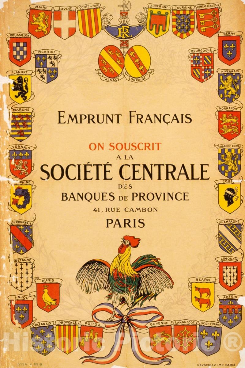 Vintage Poster -  Emprunt franÃ§aise on souscrit Ã¡ la SociÃ©tÃ© Centrale des Banques de Province, Historic Wall Art