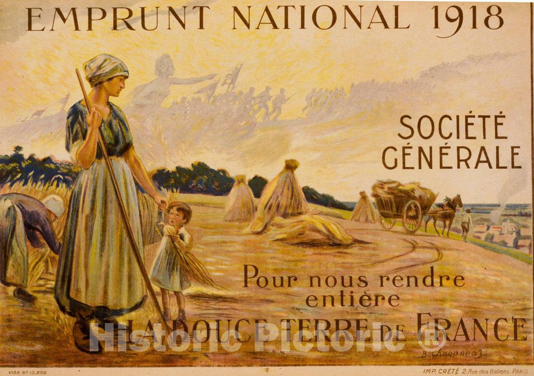 Vintage Poster -  Emprunt National 1918. SociÃ©tÃ© GÃ©nÃ©rale, Pour Nous rendre entiÃ©re la douce Terre de France, Historic Wall Art