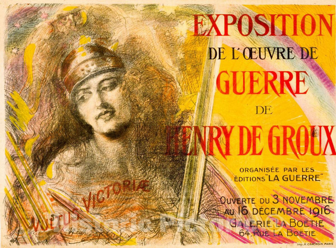 Vintage Poster -  Exposition de l'oeuvre de Guerre de Henry de Groux. Ouverte du 3 novembre au 16 dÃ©cembre, 1916. Galerie La BoÃ«tie, Historic Wall Art