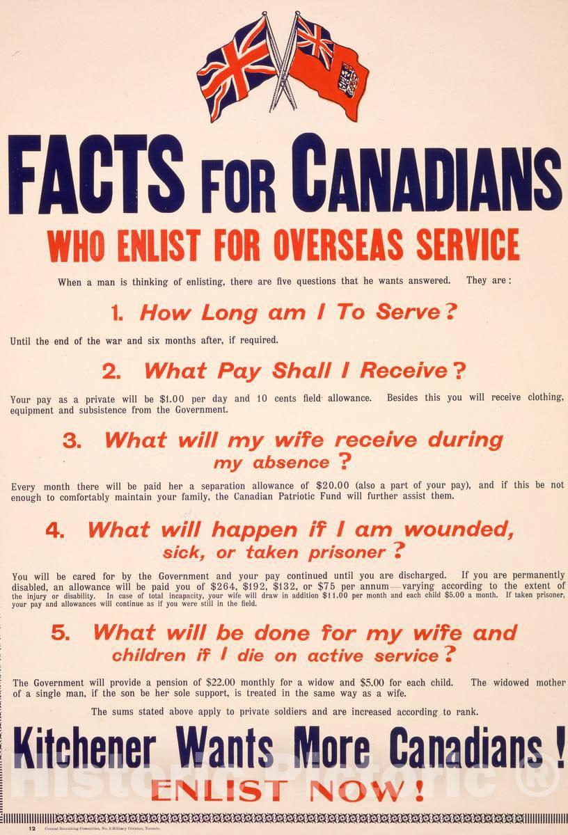 Vintage Poster -  Facts for Canadians who Enlist for Overseas Service. Kitchener Wants More Canadians! Enlist Now!, Historic Wall Art