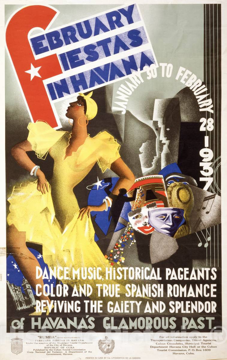 Vintage Poster -  February Fiestas in Havana. January 30 to February 28, 1937 - "Rumba Poster by Enrique Caravia., Historic Wall Art