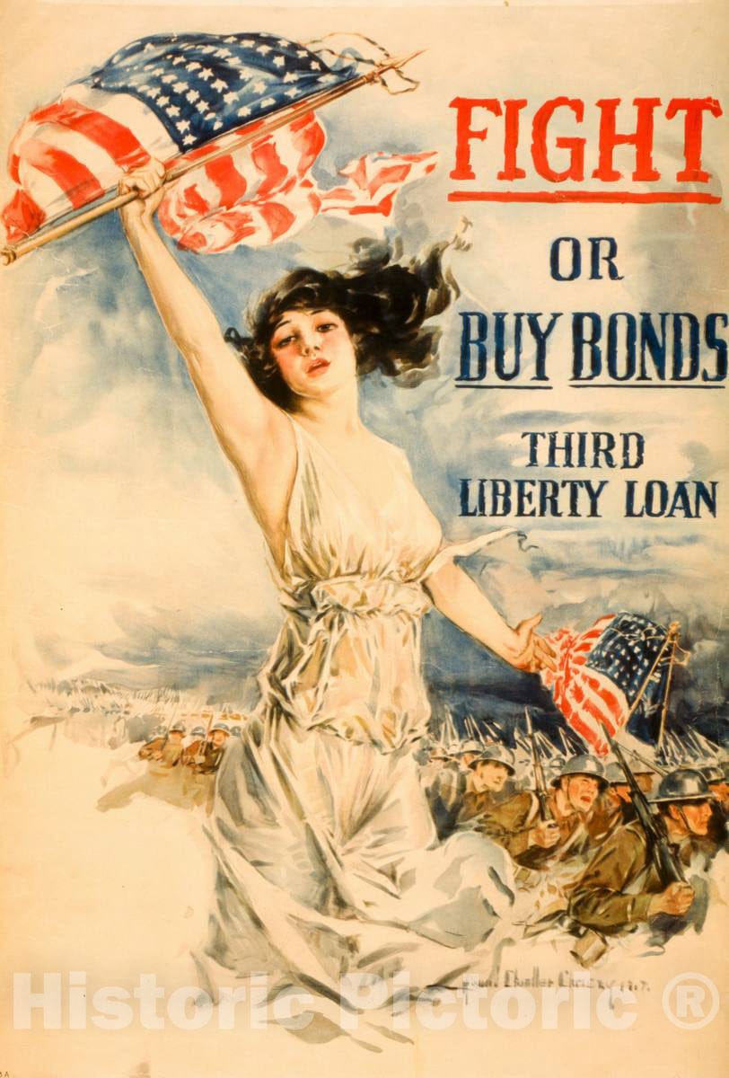 Vintage Poster -  Fight or Buy Bonds - Third Liberty Loan -  Howard Chandler Christy 1917 ; Forbes, Boston., Historic Wall Art