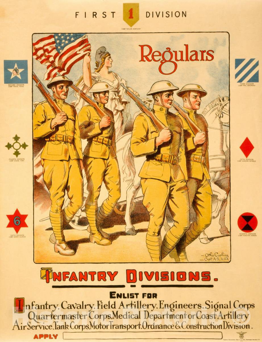 Vintage Poster -  First Division, Regulars -  Infantry divisions -  Enlist for Infantry, Cavalry, Field Artillery [.] -  Otho Cushing, Capt. A.S, U.S.A., Historic Wall Art