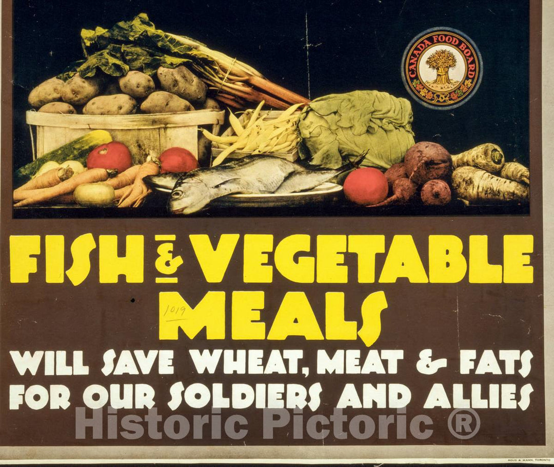 Vintage Poster - Fish & Vegetable Meals Will Save Wheat, Meat & fats for Our Soldiers and Allies, Historic Wall Art