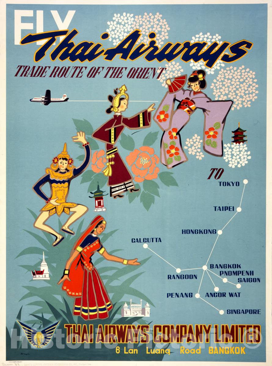 Vintage Poster -  Fly Thai Airways Trade Route of The Orient., Historic Wall Art