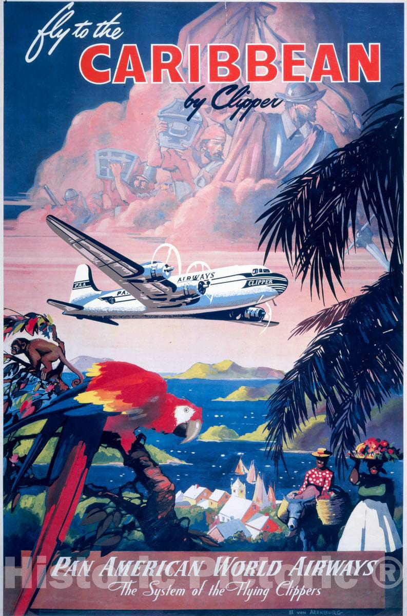 Vintage Poster -  Fly to The Caribbean by Clipper. Pan American World Airways, Historic Wall Art