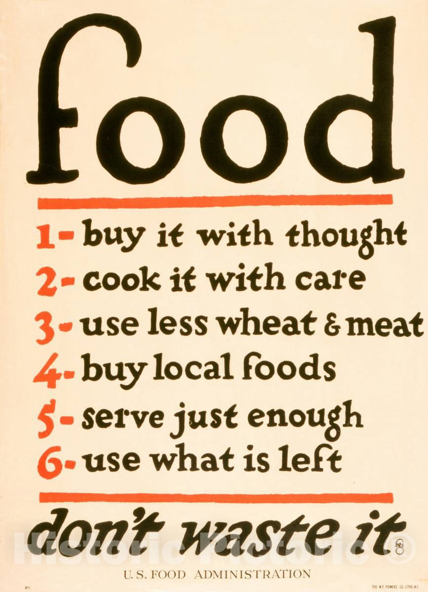 Vintage Poster -  Food - Don't Waste it -  fgc ; The W. F. Powers Co. Litho, N.Y., Historic Wall Art