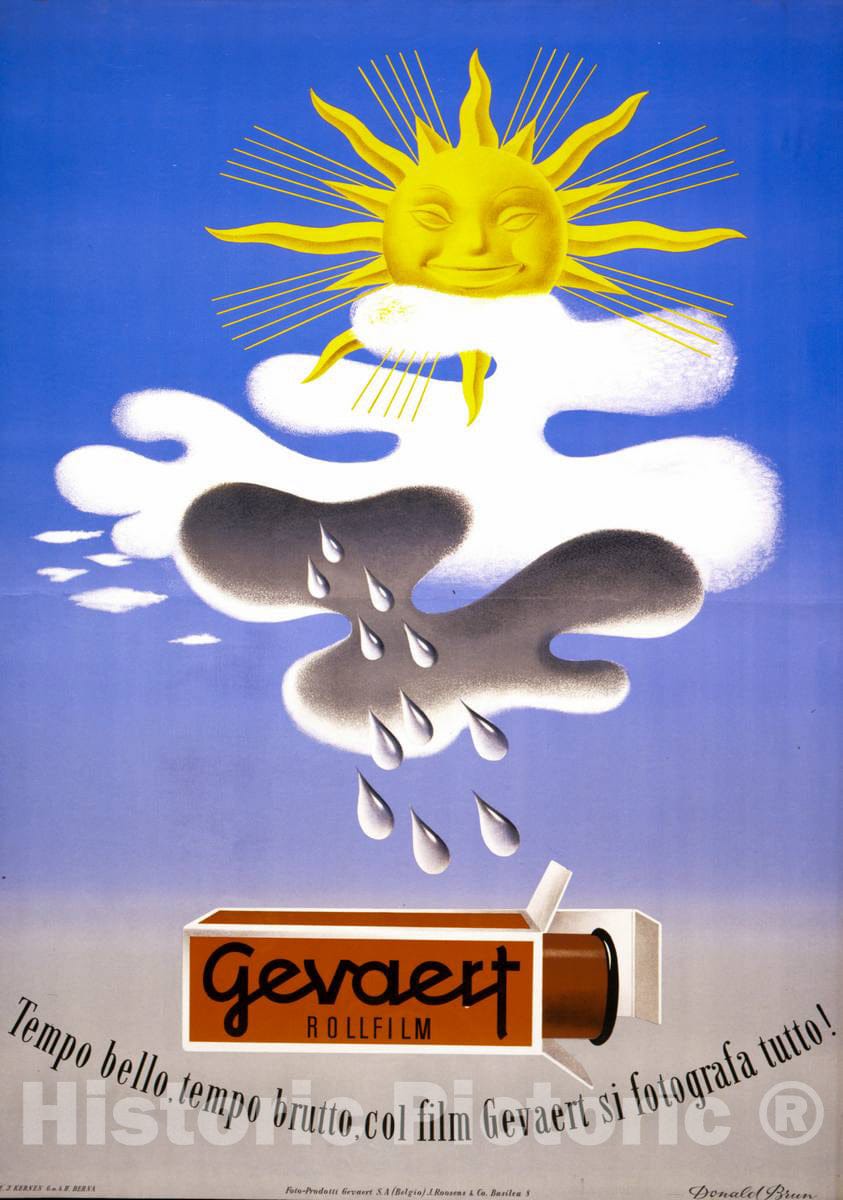 Vintage Poster -  Gevaert Rollfilm: Tempo Bello, Tempo brutto, col Film Gevaert si fotografa Tutto  -  Donald Brun., Historic Wall Art