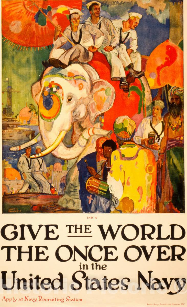 Vintage Poster -  Give The World The Once Over in The United States Navy Apply at Navy Recruiting Station  -  James H. Daugherty ; Press Navy Recruiting Bureau N.Y., Historic Wall Art