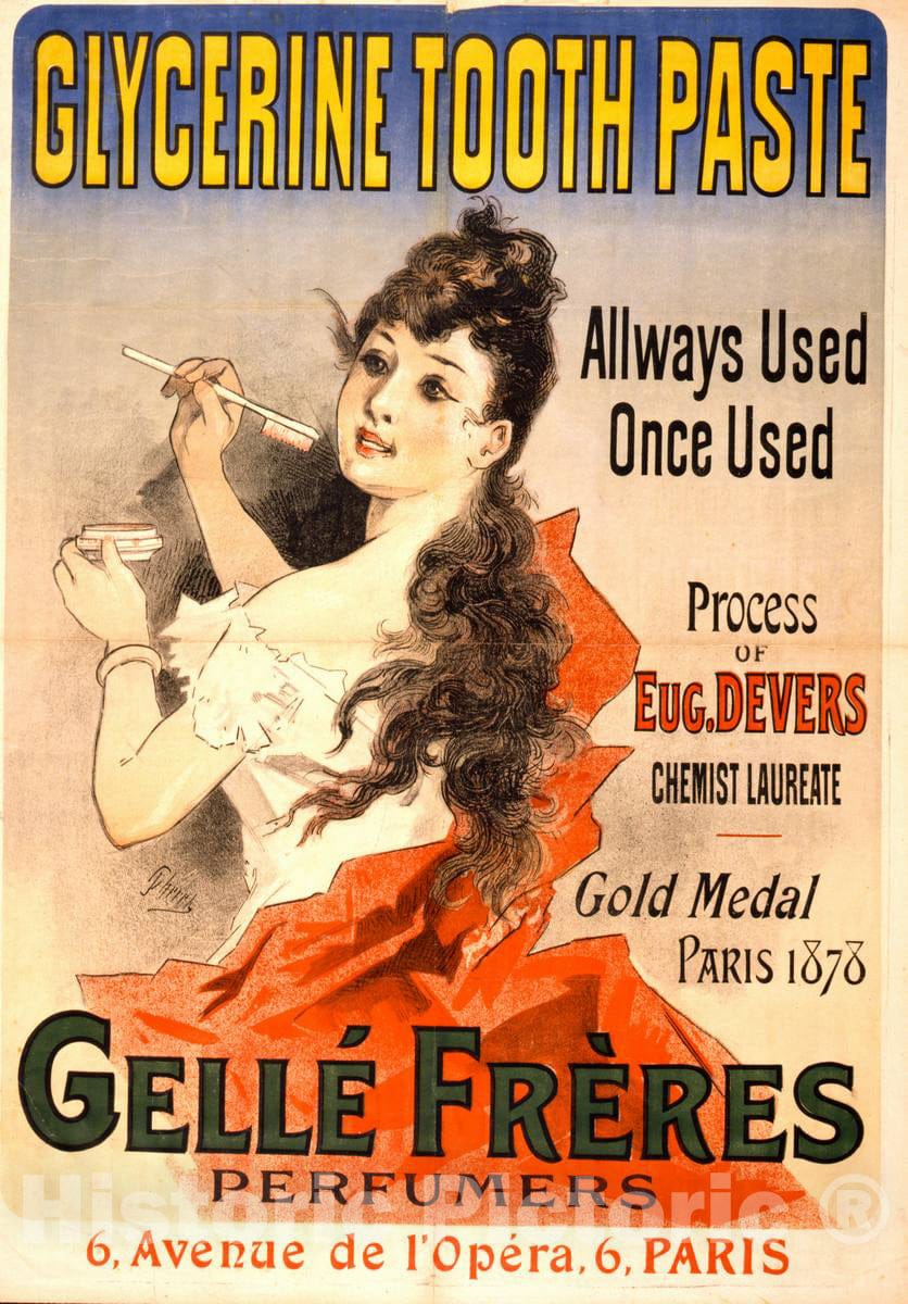 Vintage Poster -  Glycerine Tooth Paste -  GellÃ© FrÃ¨res perfumers 6, Avenue de l'OpÃ©ra, 6, Paris -  J. ChÃ©ret., Historic Wall Art