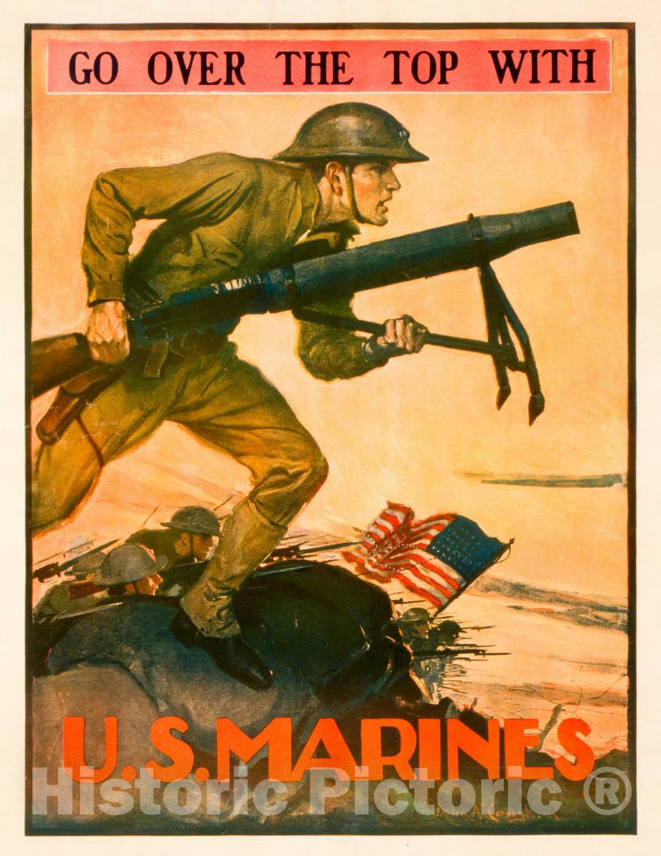 Vintage Poster -  Go Over The top with U.S. Marines -  John A. Coughlin., Historic Wall Art