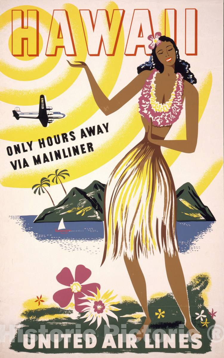 Vintage Poster -  Hawaii -  only Hours Away via Mainliner -  United Air Lines, Historic Wall Art