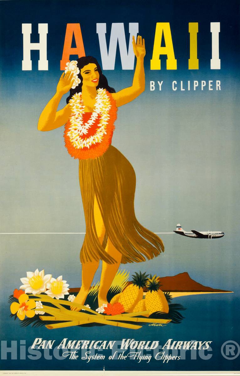 Vintage Poster -  Hawaii by Clipper -  Atherton., Historic Wall Art