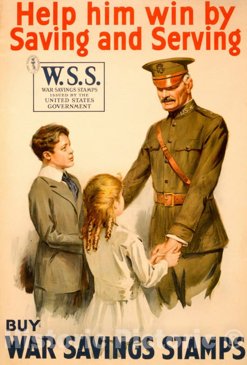 Vintage Poster -  Help him Win by Saving and Serving - Buy War Savings Stamps 1, Historic Wall Art