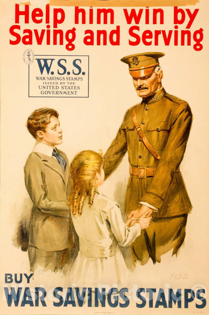 Vintage Poster -  Help him Win by Saving and Serving - Buy War Savings Stamps 2, Historic Wall Art