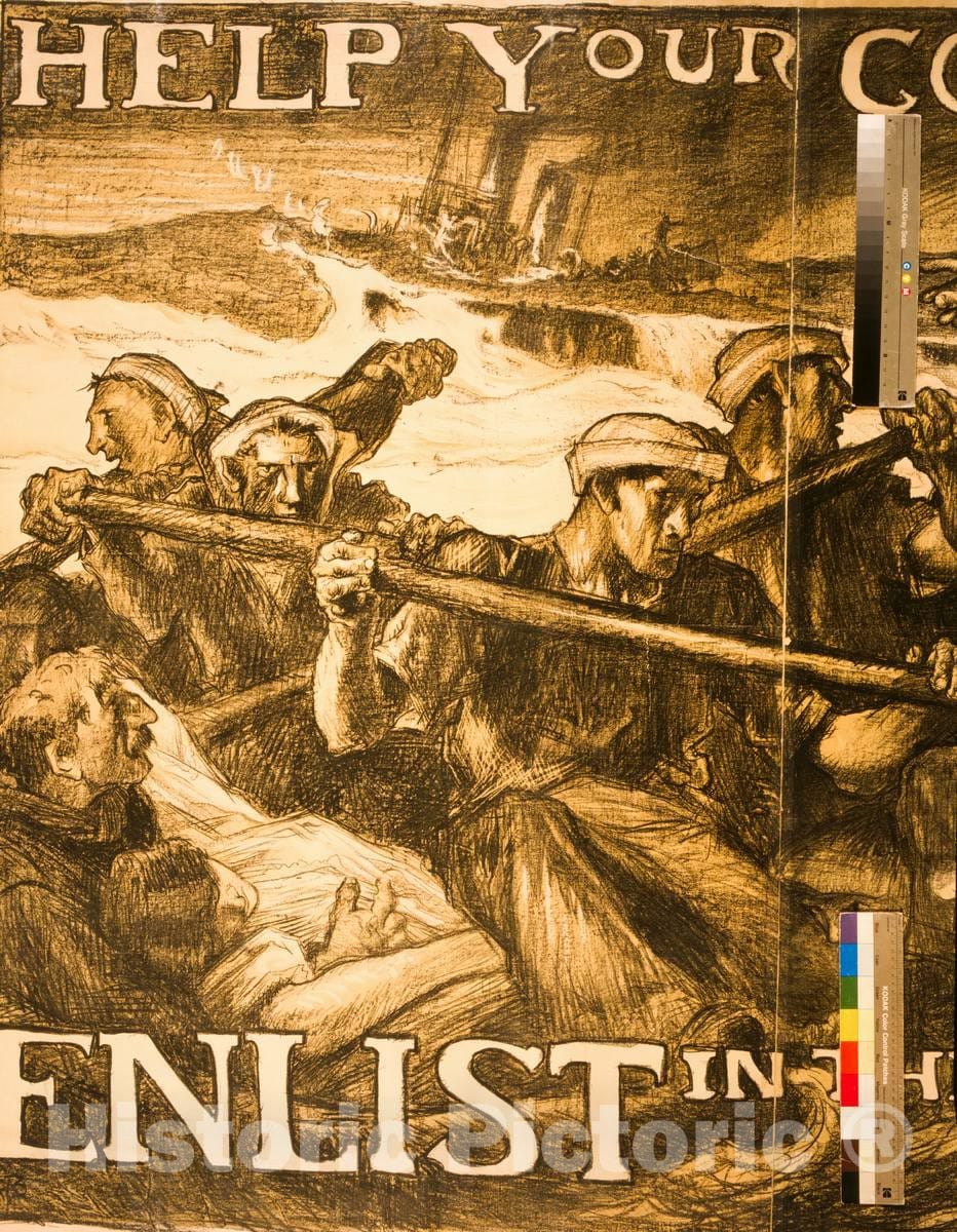 Vintage Poster -  Help Your Country Stop This - Enlist in The Navy -  Auto - Lithograph by Frank Brangwyn, A.R.A., Historic Wall Art