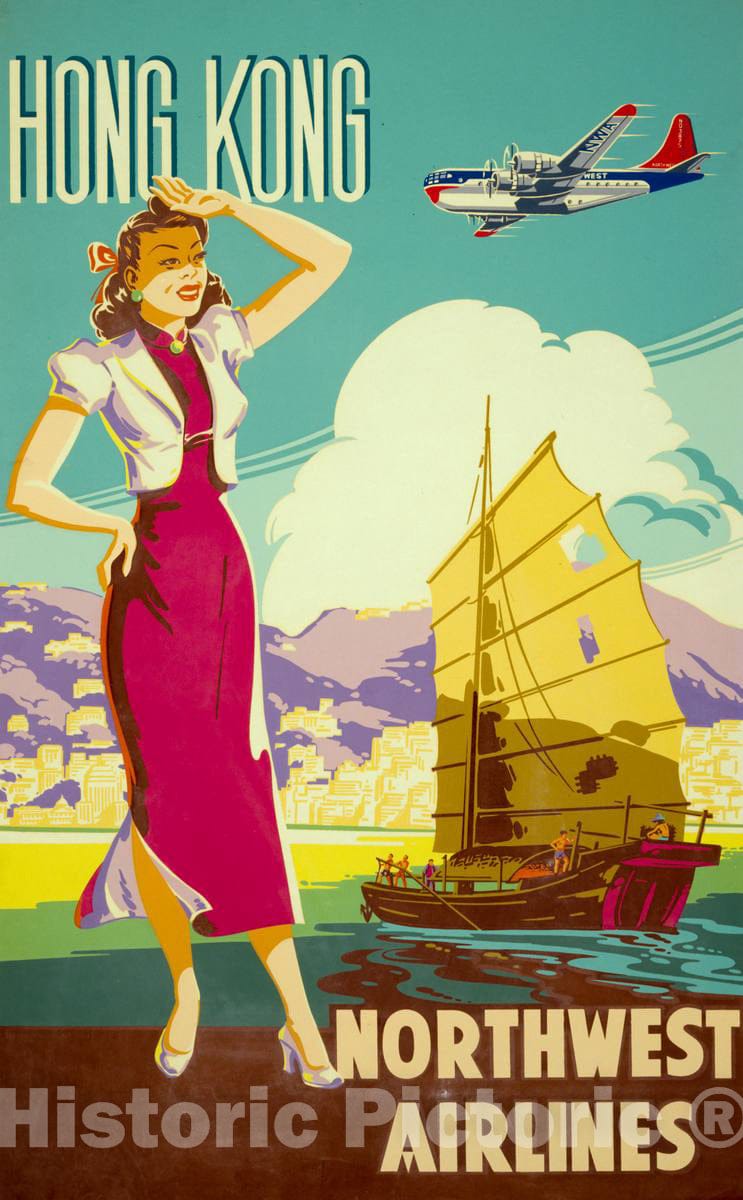 Vintage Poster -  Hong Kong -  Northwest Airlines, Historic Wall Art