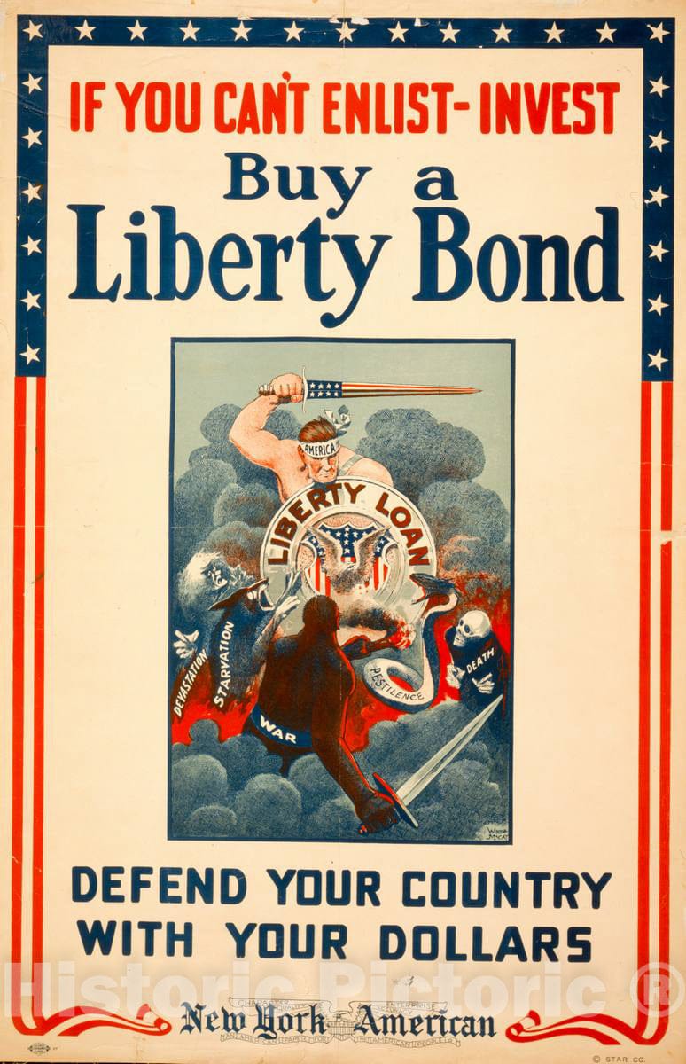 Vintage Poster -  If You Can't Enlist, Invest -  Buy a Liberty Bond -  Defend Your Country with Your Dollars -  Winsor McCay., Historic Wall Art