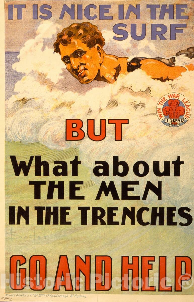 Vintage Poster -  It is Nice in The surf but What About The Men in The Trenches. Go and Help -  D.H. Souter., Historic Wall Art