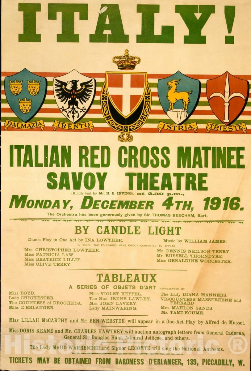 Vintage Poster -  Italy! Italian Red Cross matinee, Savoy Theatre, Monday, December 4th, 1916, Historic Wall Art