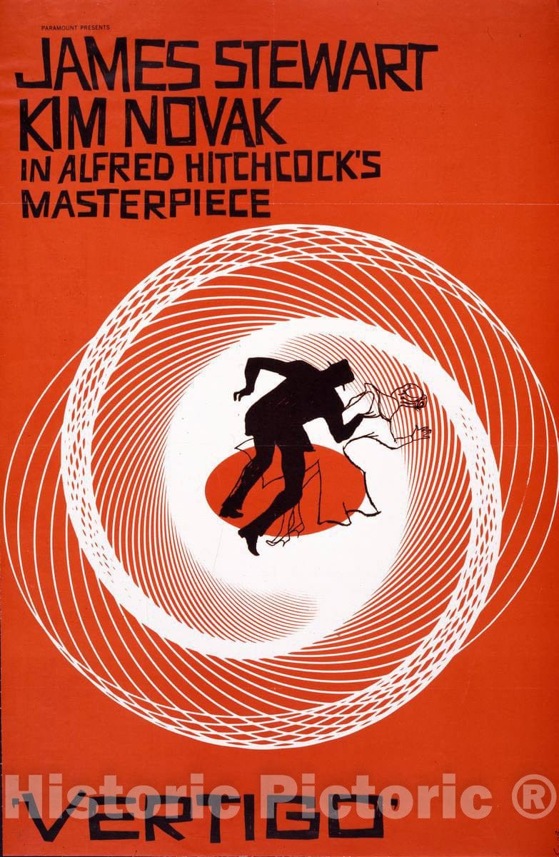 Vintage Poster -  James Stewart, Kim Novak in Alfred Hitchcock's Masterpiece, Vertigo -  Saul Bass., Historic Wall Art