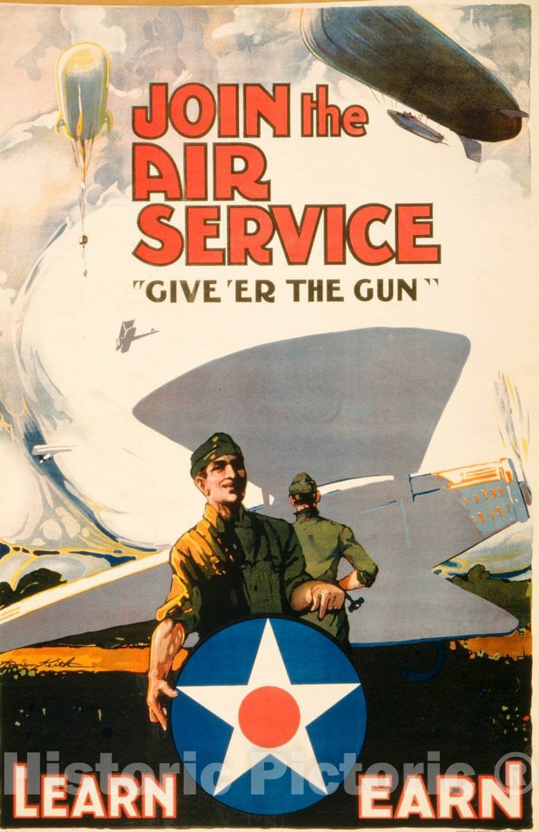 Vintage Poster -  Join The Air Service - Give 'er The Gun Learn -  Earn  -  Warren Keith., Historic Wall Art