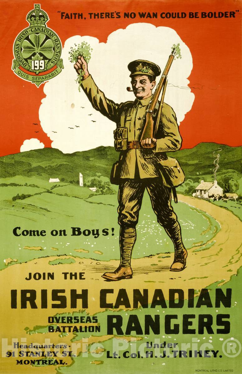 Vintage Poster -  Join The Irish Canadian Rangers Overseas Battalion, Historic Wall Art