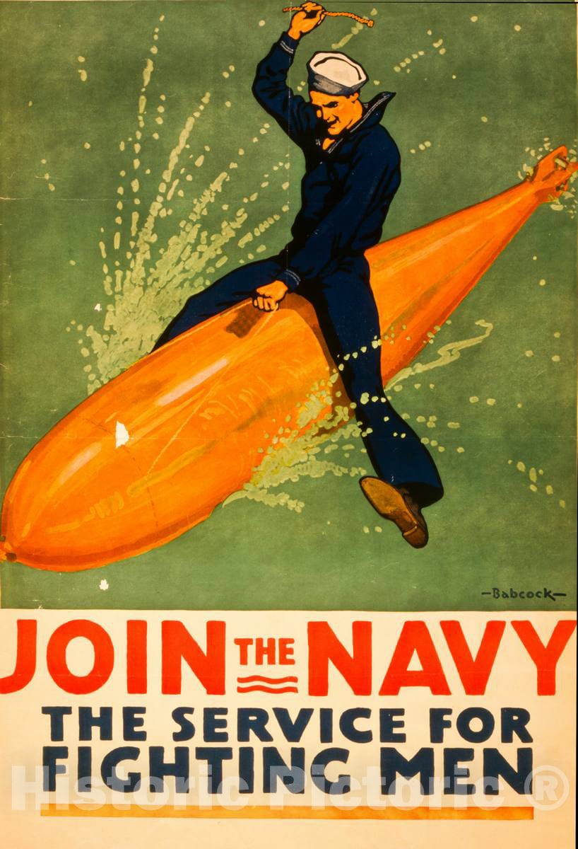 Vintage Poster -  Join The Navy, The Service for Fighting Men -  Babcock., Historic Wall Art