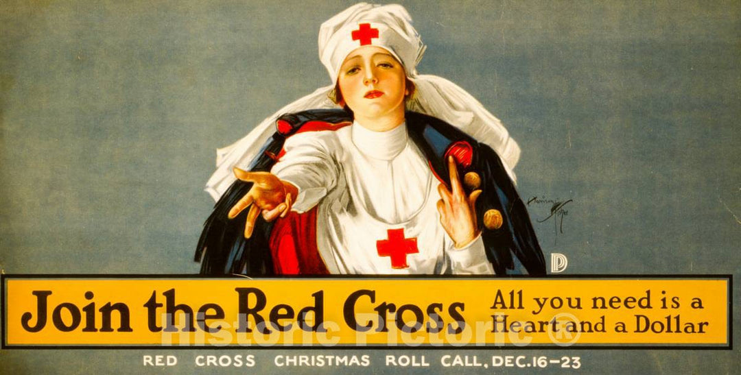 Vintage Poster -  Join The Red Cross -  All You Need is a Heart and a Dollar Red Cross Christmas roll Call, Dec. 16 - 23 -  Niagara Litho. Co, Buffalo, New York, Historic Wall Art