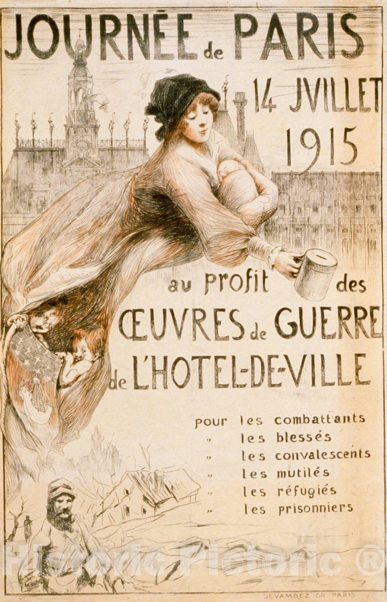 Vintage Poster -  JournÃ©e de Paris. 14 Juillet 1915 au Profit des oeuvres de Guerre de l'HÃ´tel - de - Ville. Pour les combattants, Historic Wall Art