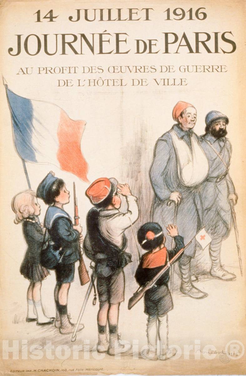 Vintage Poster -  JournÃ©e de Paris. 14 Juillet 1916. Au Profit des oeuvres de Guerre de l'HÃ´tel de Ville, Historic Wall Art