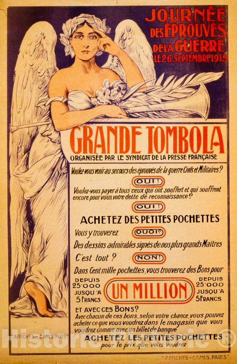 Vintage Poster -  JournÃ©e des Ã‰prouvÃ©s de la Guerre. Grande tombola organisÃ©e par le Syndicat de la Presse FranÃ§aise, Historic Wall Art