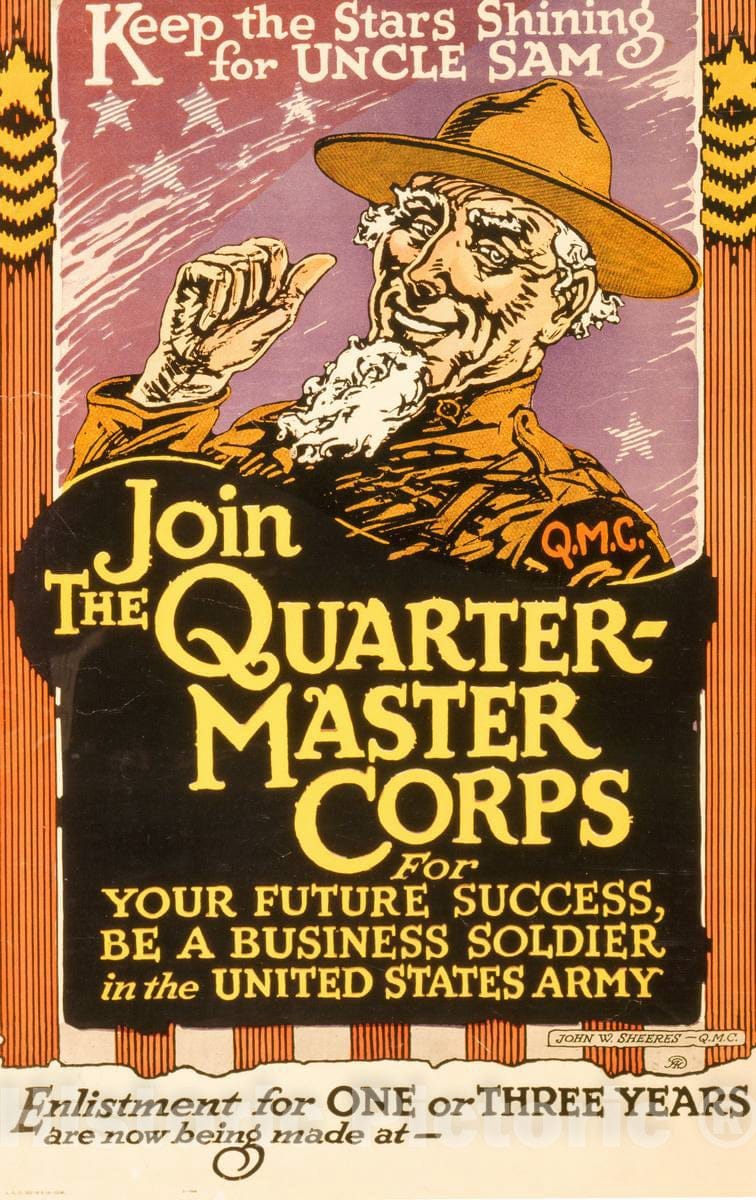 Vintage Poster -  Keep The Stars Shining for Uncle Sam -  Join The Quartermaster Corps -  John W. Sheeres -  Q.M.C., Historic Wall Art