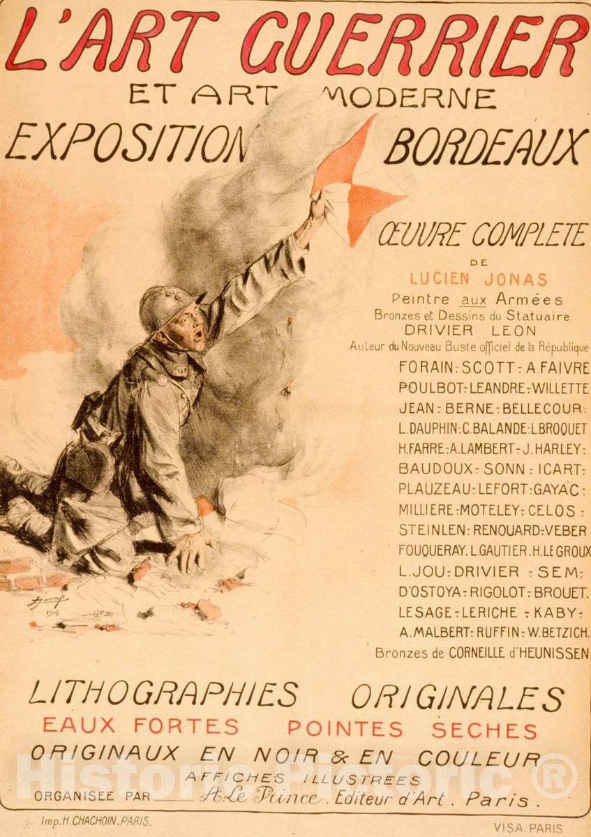 Vintage Poster -  L'art Guerrier et Art Moderne. Exposition Bordeaux, lithographies, originales, eaux Fortes, pointes seches Le Prince editeur d'art, Paris, Historic Wall Art