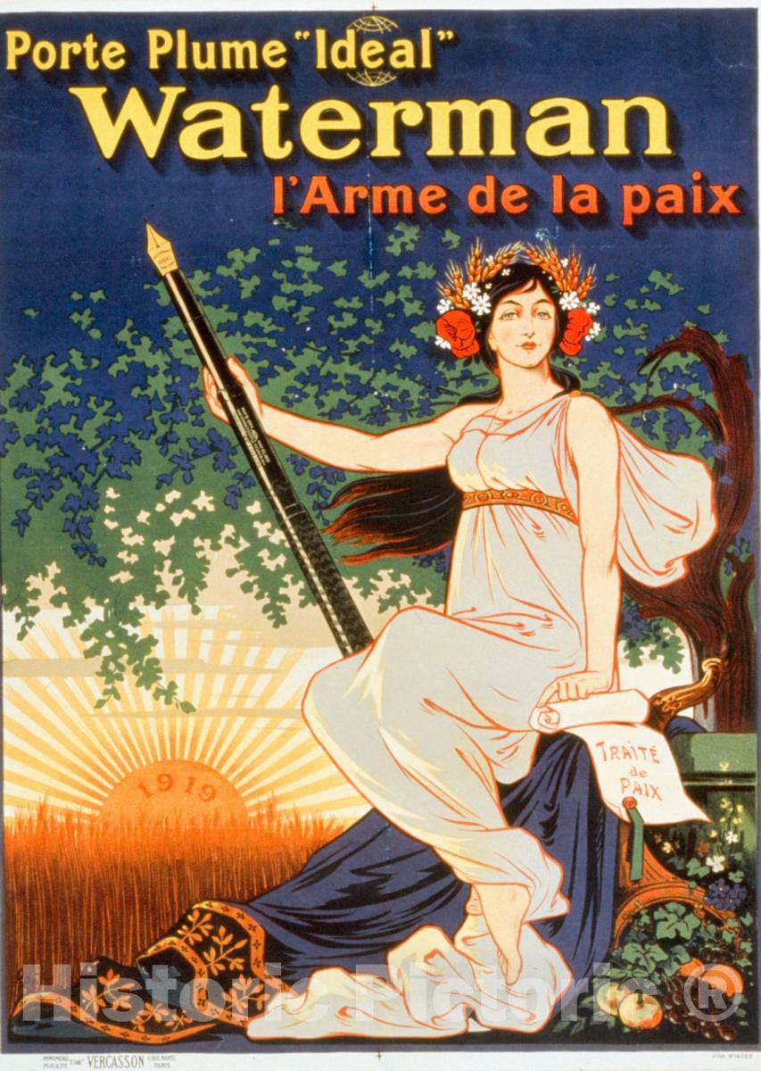 Vintage Poster -  Porte Plume 'Ideal' Waterman l'arme de la Paix, Historic Wall Art