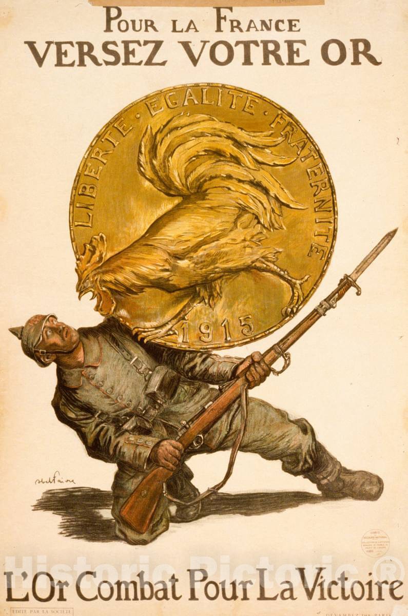 Vintage Poster -  Pour la France versez Votre or. L'or Combat Pour la Victoire, Historic Wall Art