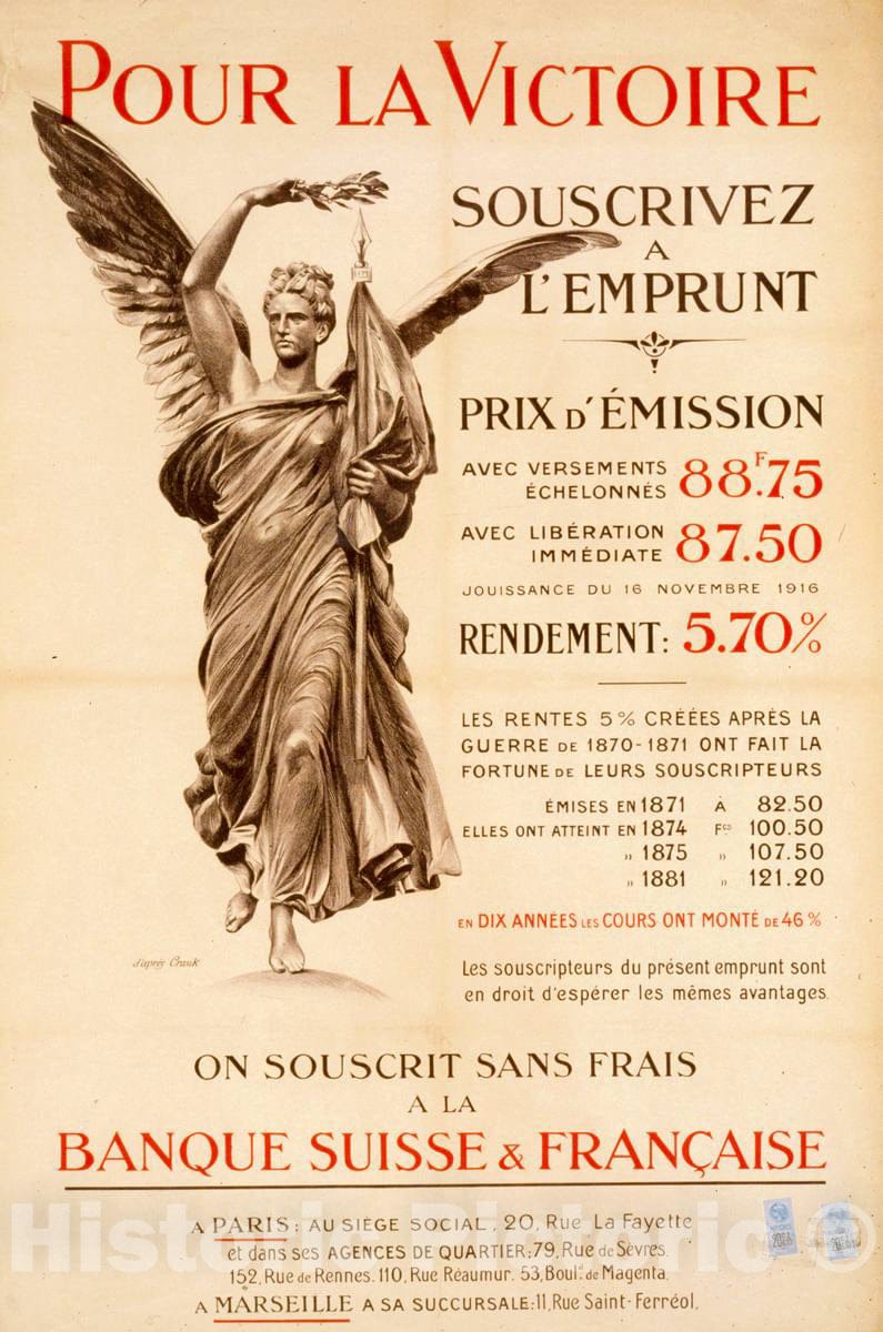 Vintage Poster -  Pour la Victoire souscrivez Ã¡ l'Emprunt: Banque Suisse & FranÃ§aise, Historic Wall Art