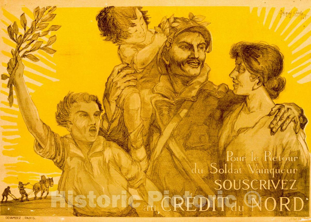 Vintage Poster -  Pour le Retour du Soldat vaincqueur souscrivez au CrÃ©dit du Nord, Historic Wall Art