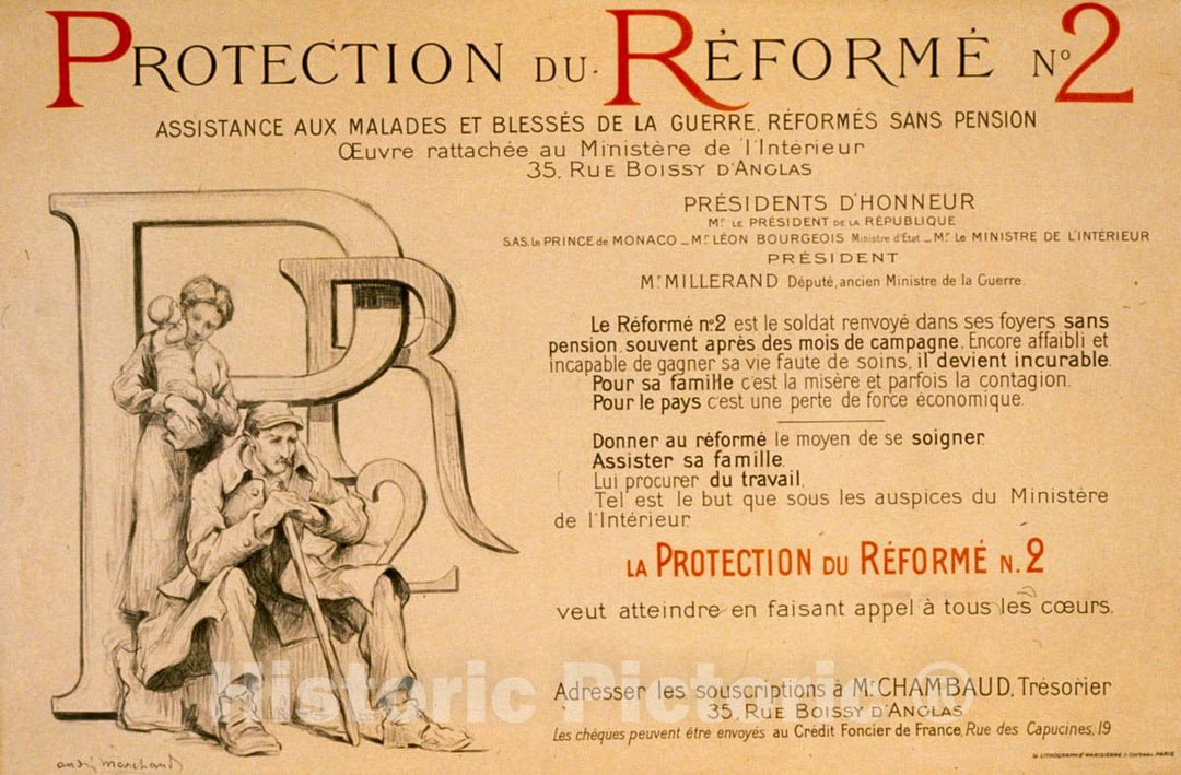 Vintage Poster - Protection du rÃ©formÃ©, no. 2. Assistance aux malades et blessÃ©s de la Guerre, rÃ©formÃ©s sans Pension. CrÃ©dit Foncier de France, Historic Wall Art