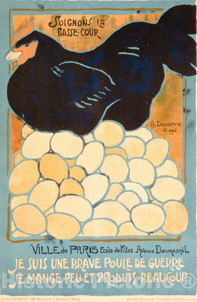 Vintage Poster -  Soignons la Basse - Cour. Je Suis une Brave Poule de Guerre, je Mange peu et produis Beaucoup -  G. Douanne, 16 ans., Historic Wall Art