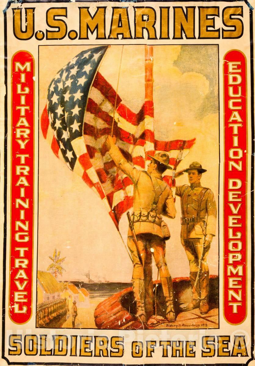 Vintage Poster -  U.S. Marines -  Soldiers of The sea Military Training, Travel, Education, Development  -  Sidney H. Riesenberg 1913., Historic Wall Art