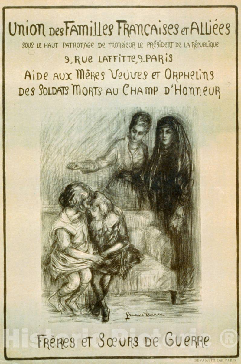 Vintage Poster -  Union des familles FranÃ§aises et AlliÃ©es. Aide aux mÃ©res veuves et orphelins des soldats morts au Champ d'honneur. FrÃ¨res et soeurs de Guerre, Historic Wall Art