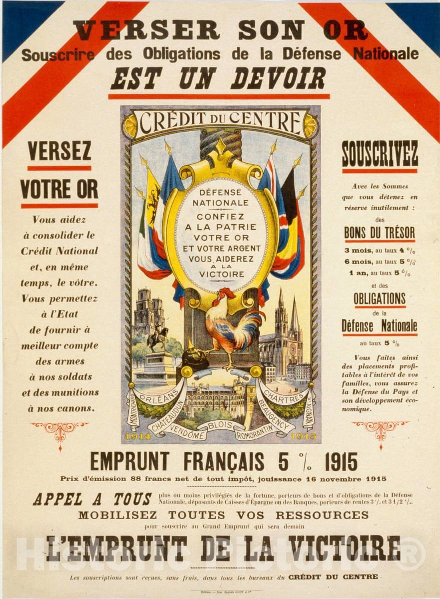 Vintage Poster -  Versez Son or. Souscrire des obligations de la dÃ©fense Nationale. C'est un Devoir. L'Emprunt de la Victoire, Historic Wall Art