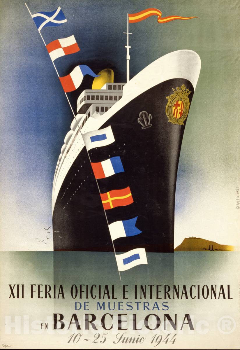 Vintage Poster -  XII Feria Oficial e internacional de muestras en Barcelona. 10 - 25 junio 1944 -  Giralt Miracle., Historic Wall Art