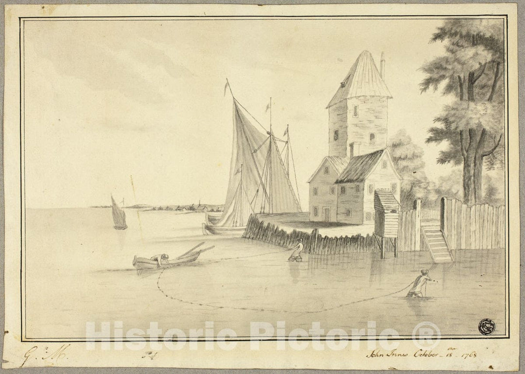 Art Print : Fishermen Mooring Boat at Landing, John Innes, c 1768, Vintage Wall Decor :