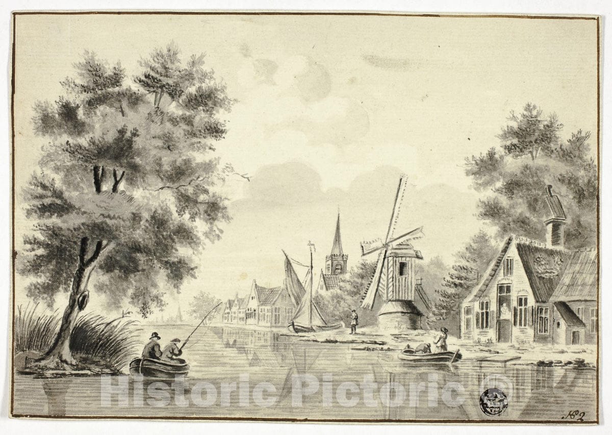 Art Print : Houses and Windmill Beside Canal, Isaac Van Ketweg, c.1779, Vintage Wall Decor :