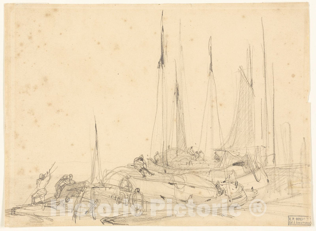 Art Print : Fishing Boats in Port, Follower of Richard Parkes Bonington, c 1825, Vintage Wall Decor :