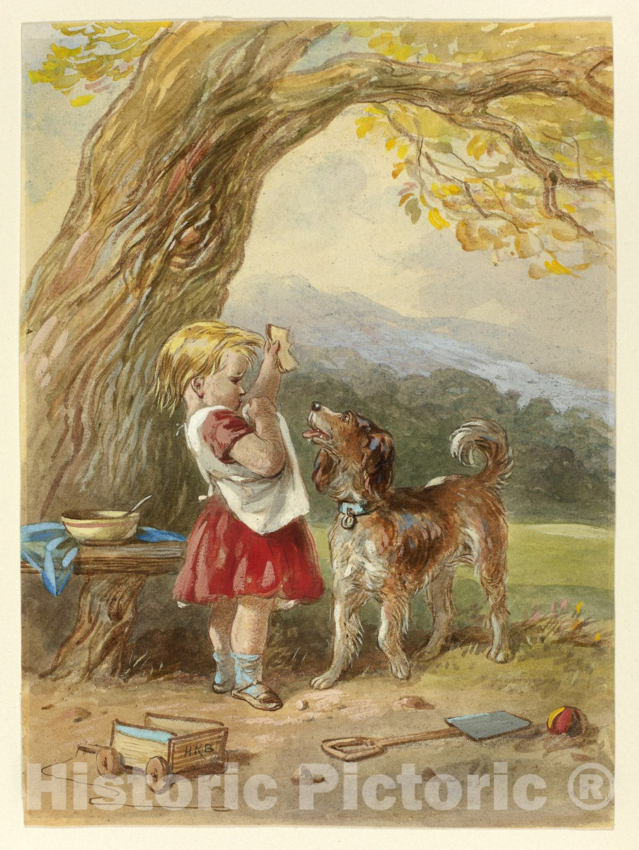 Art Print : Little Girl and Dog, Hablot Knight Browne, c 1740, Vintage Wall Decor :