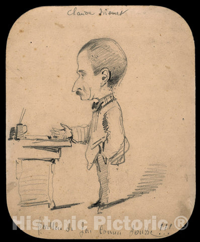 Art Print : Caricature of a Man Standing by Desk (recto); Sketch of Male Head in Profile (verso), Claude Monet, c.1863, Vintage Wall Decor :